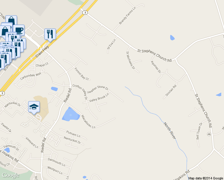 map of restaurants, bars, coffee shops, grocery stores, and more near 2420 Heather Stone Drive in Gambrills