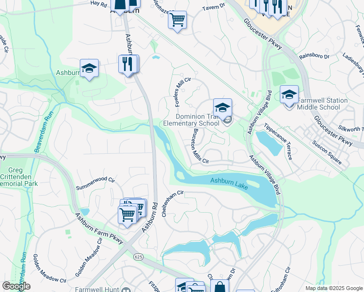 map of restaurants, bars, coffee shops, grocery stores, and more near 21043 Roaming Shores Terrace in Ashburn