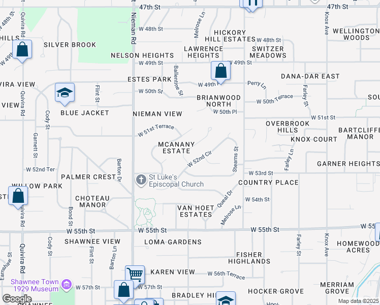 map of restaurants, bars, coffee shops, grocery stores, and more near 5131 Ballentine Street in Shawnee