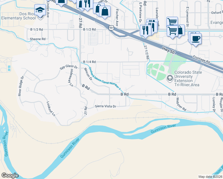 map of restaurants, bars, coffee shops, grocery stores, and more near 2722 Rincon Drive in Grand Junction