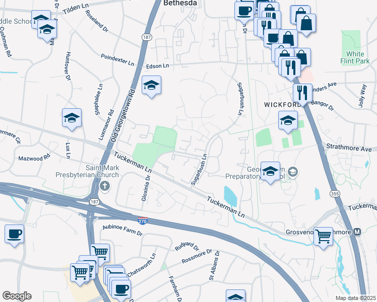 map of restaurants, bars, coffee shops, grocery stores, and more near 10801 Luxberry Drive in North Bethesda
