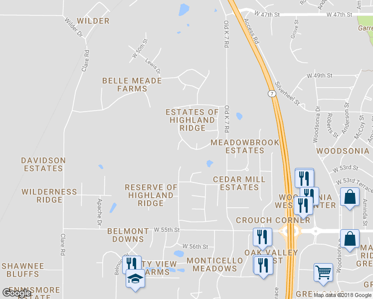 map of restaurants, bars, coffee shops, grocery stores, and more near 23711 West 52nd Terrace in Shawnee