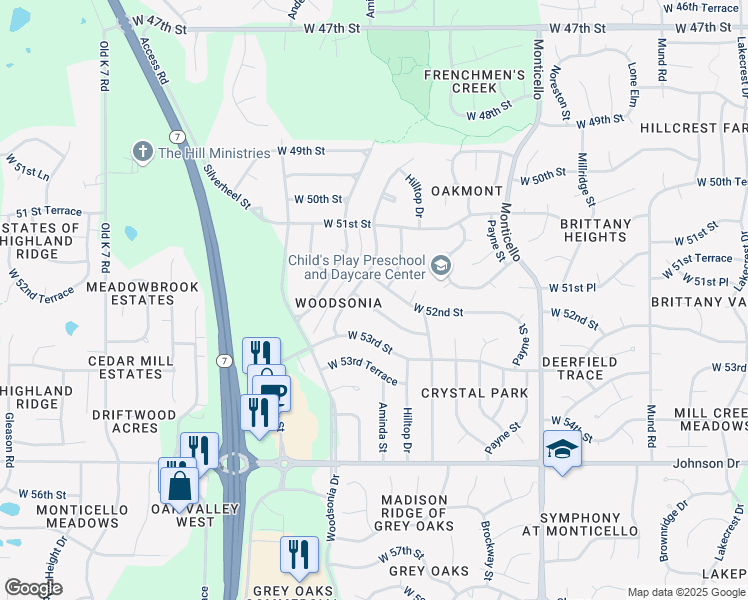 map of restaurants, bars, coffee shops, grocery stores, and more near 22514 West 52nd Terrace in Shawnee