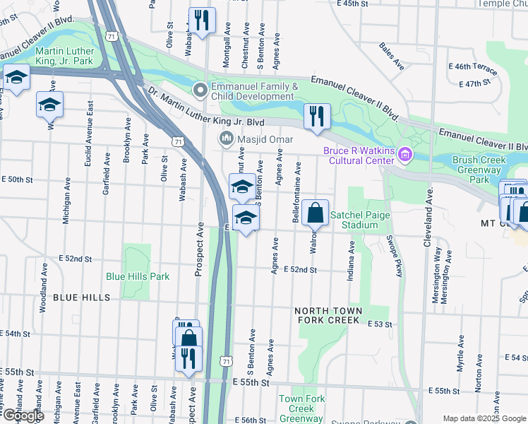 map of restaurants, bars, coffee shops, grocery stores, and more near 5023 South Benton Avenue in Kansas City