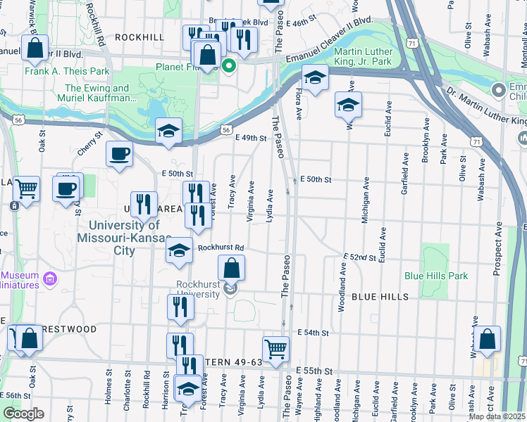 map of restaurants, bars, coffee shops, grocery stores, and more near 5046 Lydia Avenue in Kansas City