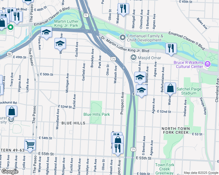 map of restaurants, bars, coffee shops, grocery stores, and more near 5031 Olive Street in Kansas City