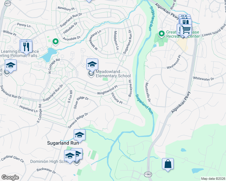 map of restaurants, bars, coffee shops, grocery stores, and more near 18 Wrightwood Place in Sterling