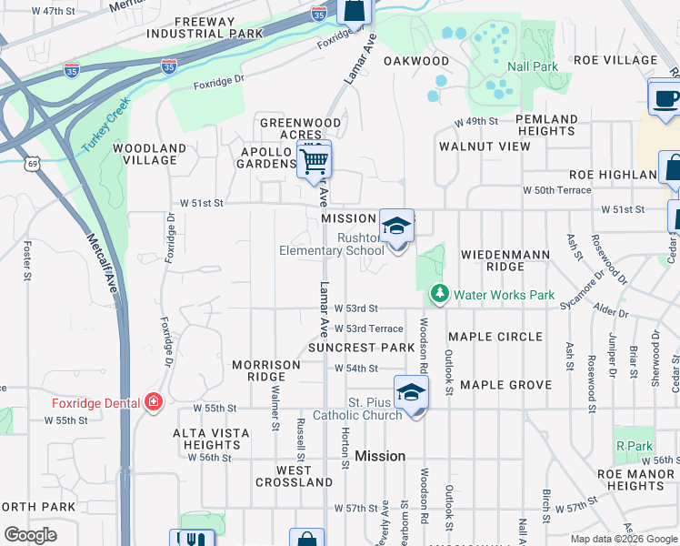 map of restaurants, bars, coffee shops, grocery stores, and more near 5218 Horton Street in Mission