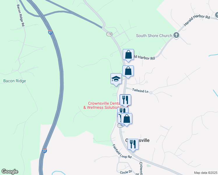 map of restaurants, bars, coffee shops, grocery stores, and more near 1376 Fairfield Loop Road in Crownsville
