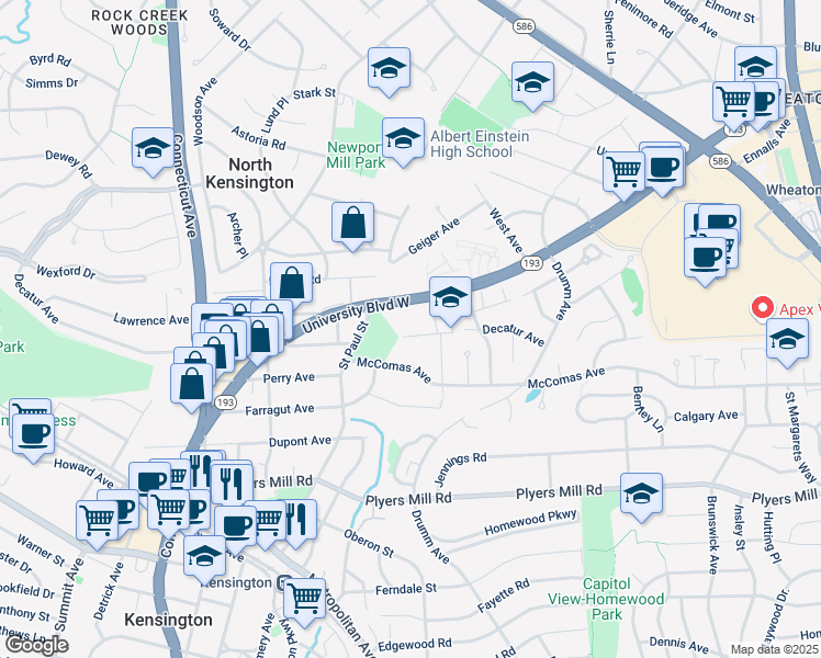 map of restaurants, bars, coffee shops, grocery stores, and more near 3305 Decatur Avenue in Kensington