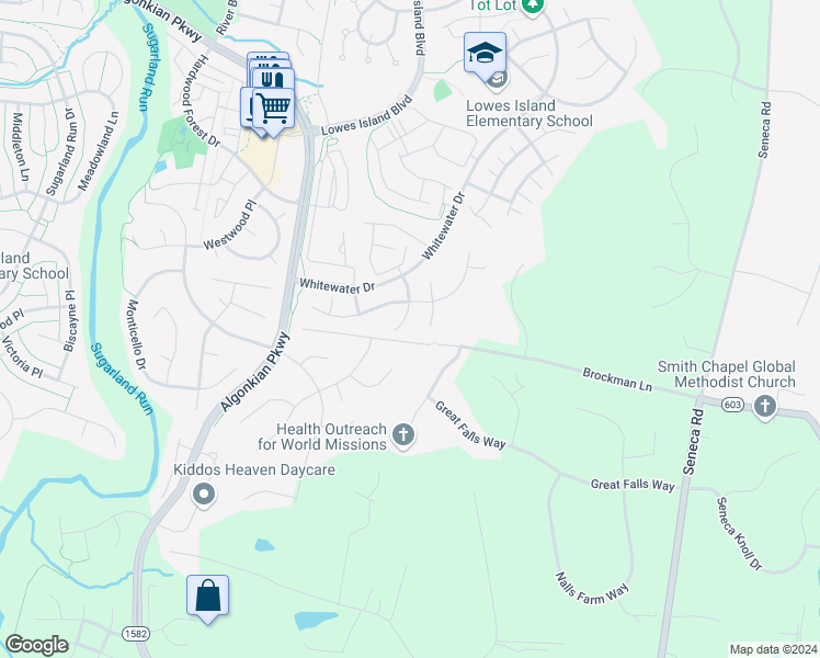 map of restaurants, bars, coffee shops, grocery stores, and more near 20980 Canal Crossing Court in Sterling