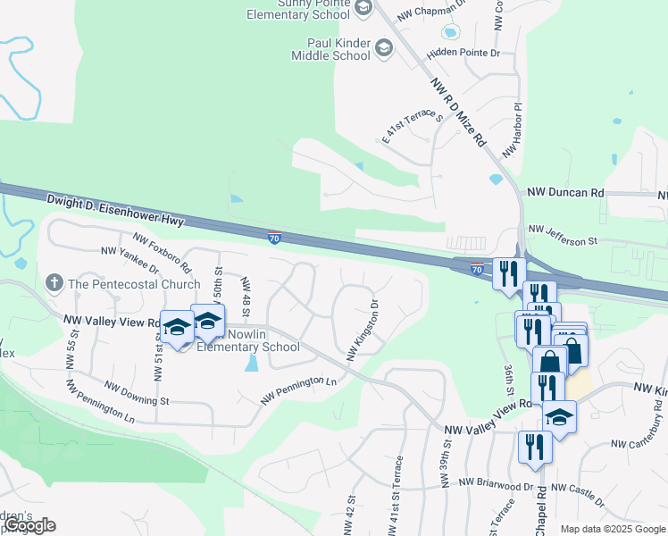 map of restaurants, bars, coffee shops, grocery stores, and more near 1609 Northwest Winchester Place in Blue Springs