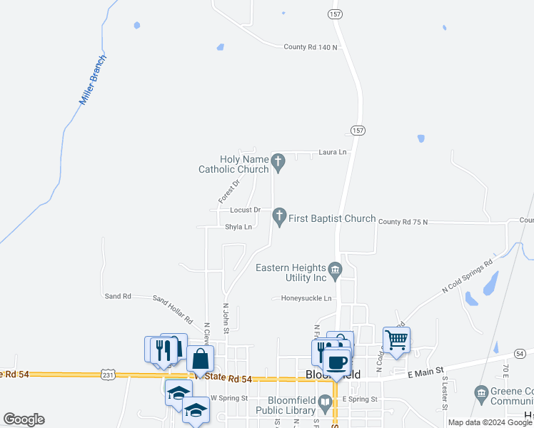 map of restaurants, bars, coffee shops, grocery stores, and more near 213 Locust Drive in Bloomfield