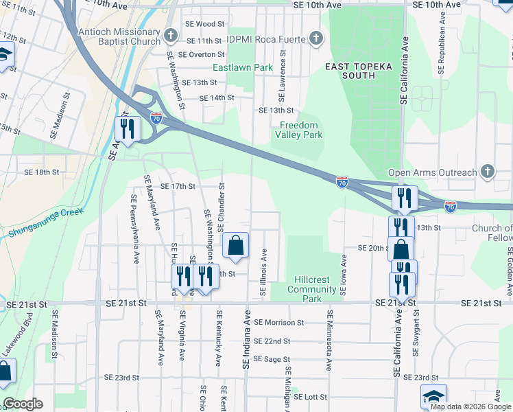 map of restaurants, bars, coffee shops, grocery stores, and more near 1300 Southeast 18th Terrace in Topeka