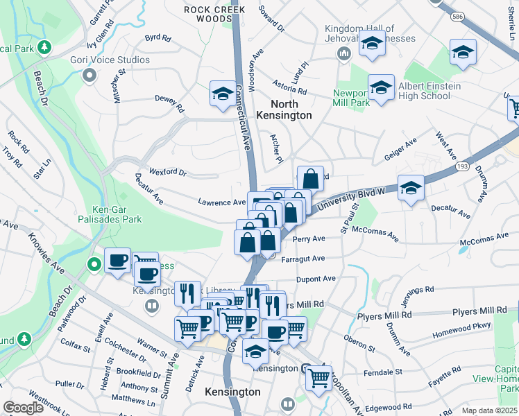 map of restaurants, bars, coffee shops, grocery stores, and more near 3722 Lawrence Avenue in Kensington
