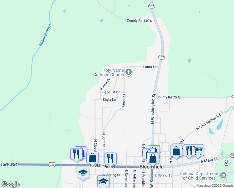 map of restaurants, bars, coffee shops, grocery stores, and more near 213 Locust Drive in Bloomfield