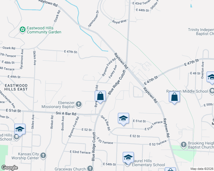 map of restaurants, bars, coffee shops, grocery stores, and more near 8817 East 49 Street in Kansas City