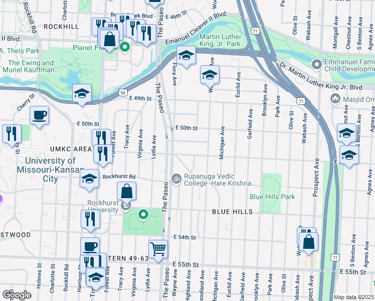 map of restaurants, bars, coffee shops, grocery stores, and more near 1522 East 51st Street in Kansas City