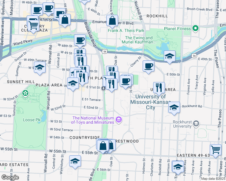 map of restaurants, bars, coffee shops, grocery stores, and more near 5100 Oak Street in Kansas City