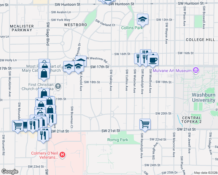 map of restaurants, bars, coffee shops, grocery stores, and more near 1818 SW Westwood Dr in Topeka
