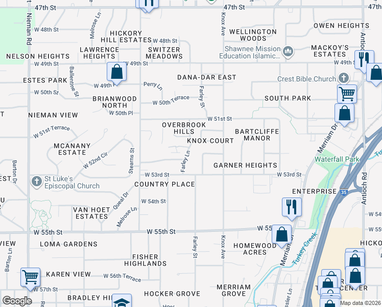 map of restaurants, bars, coffee shops, grocery stores, and more near 5201 Farley Lane in Merriam