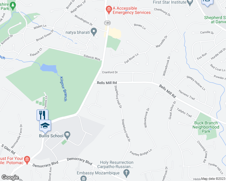 map of restaurants, bars, coffee shops, grocery stores, and more near 10724 Stapleford Hall Drive in Rockville