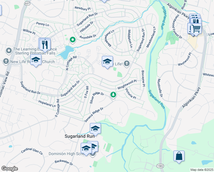 map of restaurants, bars, coffee shops, grocery stores, and more near 117 Wrightwood Pl in Sterling