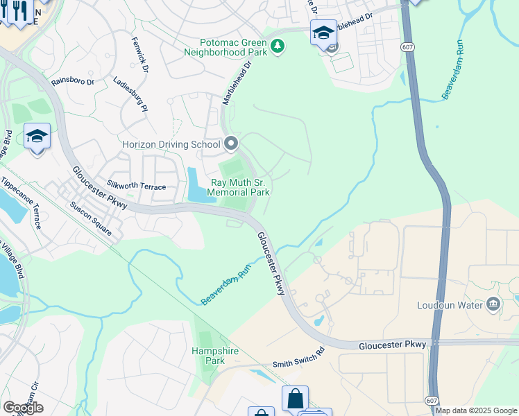 map of restaurants, bars, coffee shops, grocery stores, and more near 21025 Rocky Knoll Square in Ashburn