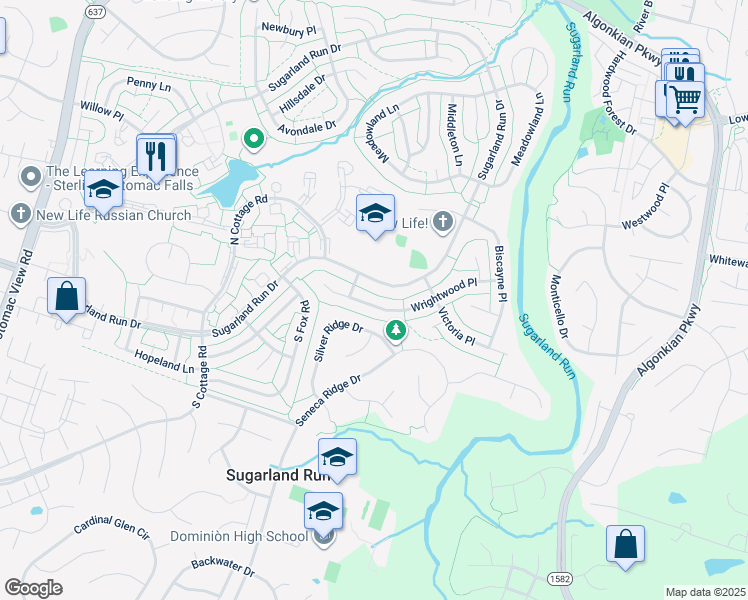 map of restaurants, bars, coffee shops, grocery stores, and more near 117 Wrightwood Pl in Sterling