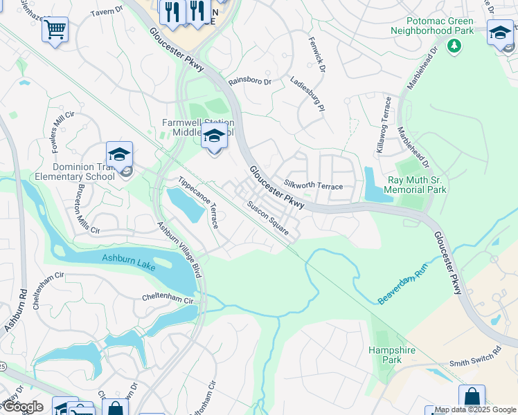 map of restaurants, bars, coffee shops, grocery stores, and more near 44236 Suscon Square in Ashburn