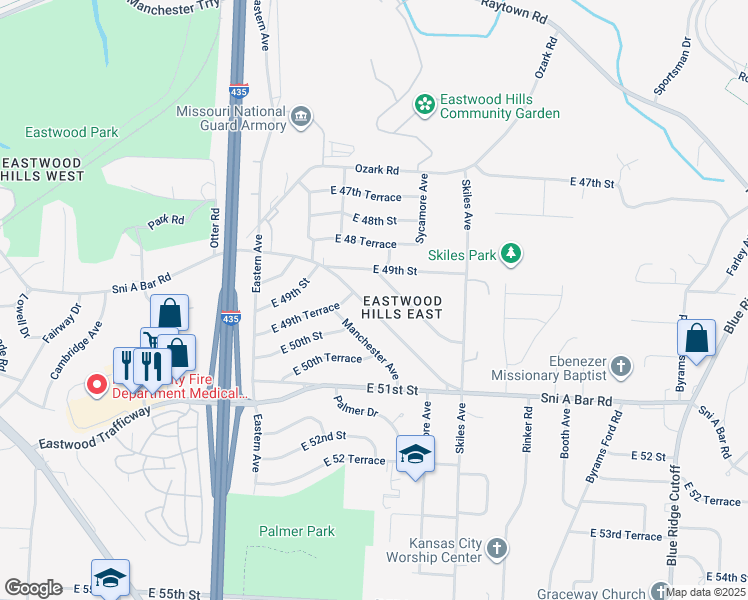 map of restaurants, bars, coffee shops, grocery stores, and more near 7612 Sni a Bar Road in Kansas City
