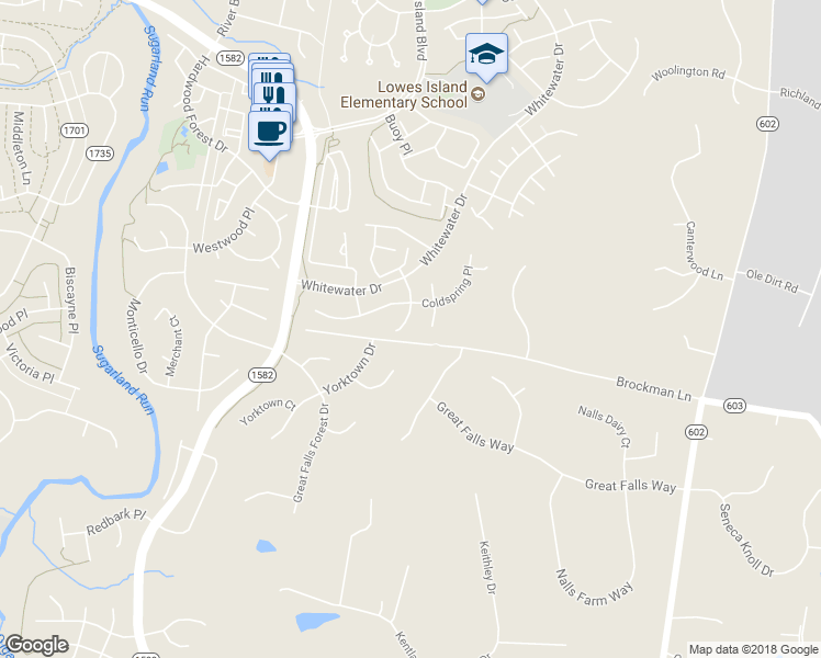 map of restaurants, bars, coffee shops, grocery stores, and more near 20980 Canal Crossing Court in Sterling