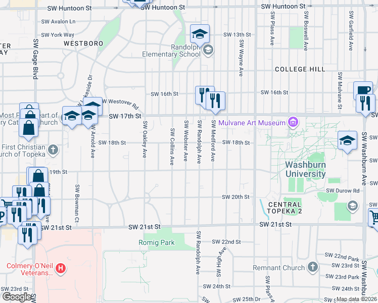 map of restaurants, bars, coffee shops, grocery stores, and more near 1812 Southwest Webster Avenue in Topeka