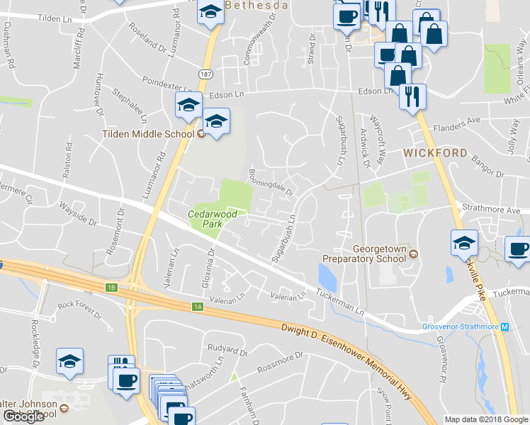 map of restaurants, bars, coffee shops, grocery stores, and more near 5 Luxberry Court in North Bethesda