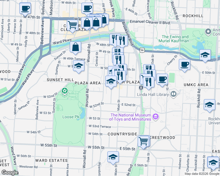 map of restaurants, bars, coffee shops, grocery stores, and more near 5108 Baltimore Avenue in Kansas City