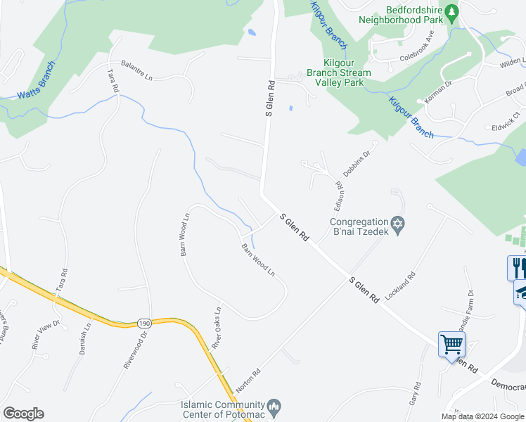 map of restaurants, bars, coffee shops, grocery stores, and more near 10810 Deep Glen Drive in Potomac