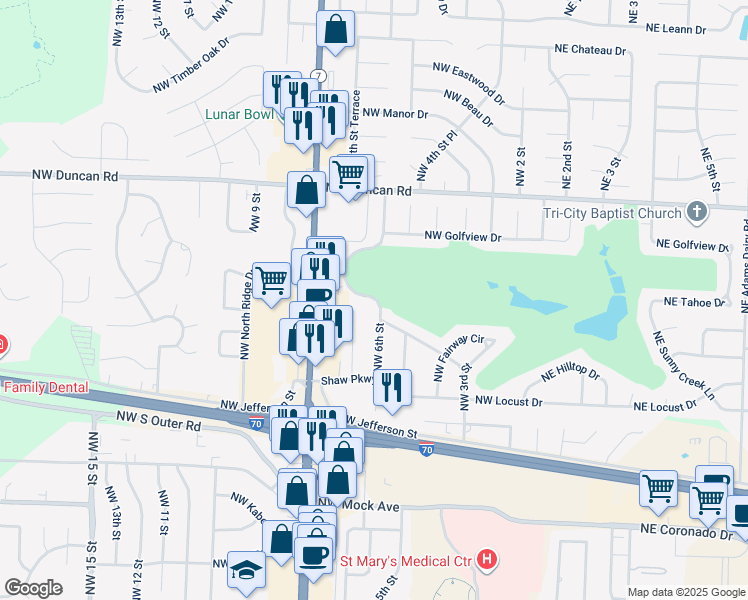 map of restaurants, bars, coffee shops, grocery stores, and more near 1411 Northwest Circle Drive in Blue Springs