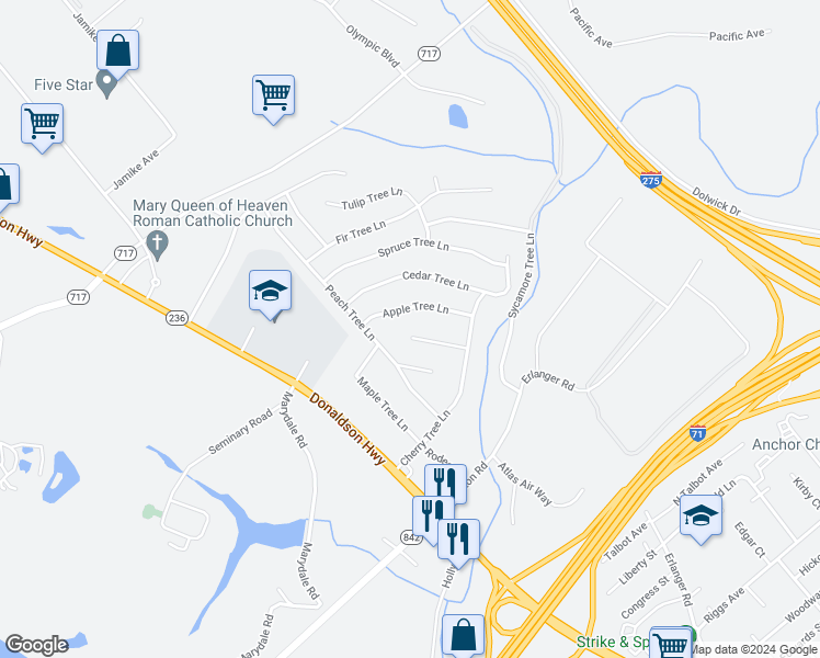 map of restaurants, bars, coffee shops, grocery stores, and more near 682 Mimosa Court in Erlanger