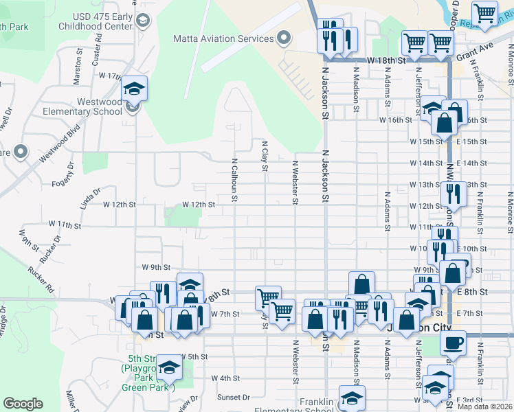 map of restaurants, bars, coffee shops, grocery stores, and more near 713 West 12th Street in Junction City