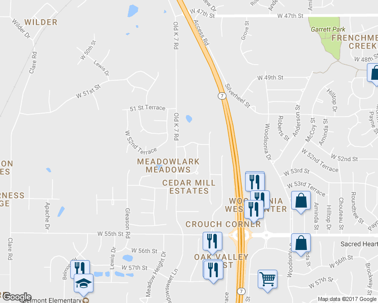map of restaurants, bars, coffee shops, grocery stores, and more near 5205 Meadowsweet Lane in Shawnee