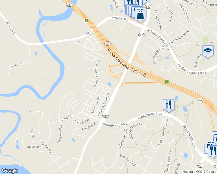 map of restaurants, bars, coffee shops, grocery stores, and more near 21033 Ashburn Heights Drive in Ashburn