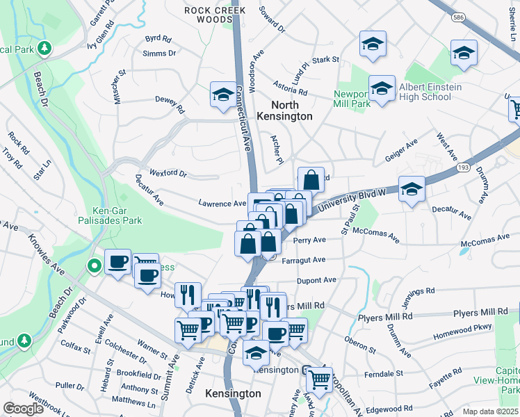 map of restaurants, bars, coffee shops, grocery stores, and more near 3722 Lawrence Avenue in Kensington