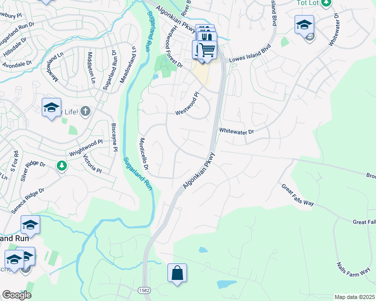 map of restaurants, bars, coffee shops, grocery stores, and more near 20056 Great Falls Forest Drive in Great Falls