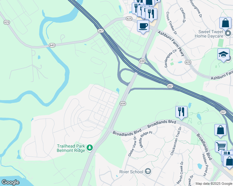 map of restaurants, bars, coffee shops, grocery stores, and more near 21038 Ashburn Heights Drive in Ashburn