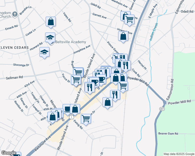 map of restaurants, bars, coffee shops, grocery stores, and more near 4733 Sellman Road in Beltsville
