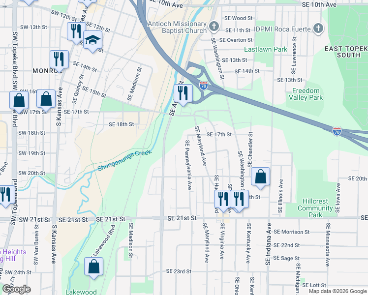 map of restaurants, bars, coffee shops, grocery stores, and more near 1717 Southeast Pennsylvania Avenue in Topeka