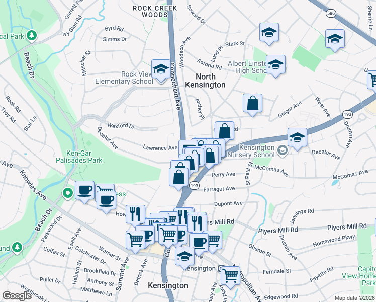 map of restaurants, bars, coffee shops, grocery stores, and more near 3722 Lawrence Avenue in Kensington