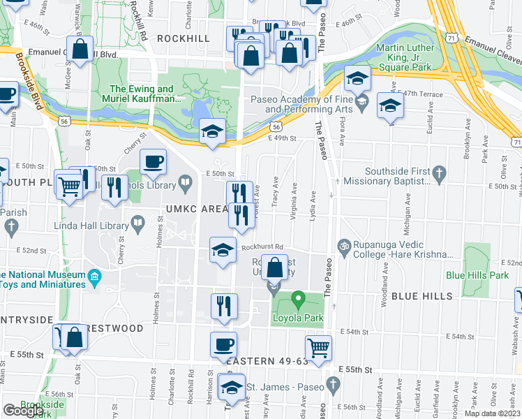 map of restaurants, bars, coffee shops, grocery stores, and more near 5037 Forest Ave in Kansas City
