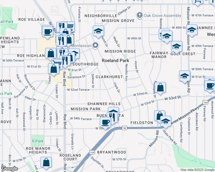 map of restaurants, bars, coffee shops, grocery stores, and more near 5213 Buena Vista Street in Roeland Park