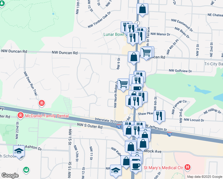 map of restaurants, bars, coffee shops, grocery stores, and more near 904 Northwest North Ridge Court in Blue Springs